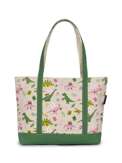 Dinosaur Reads Large Zippered Tote Bag