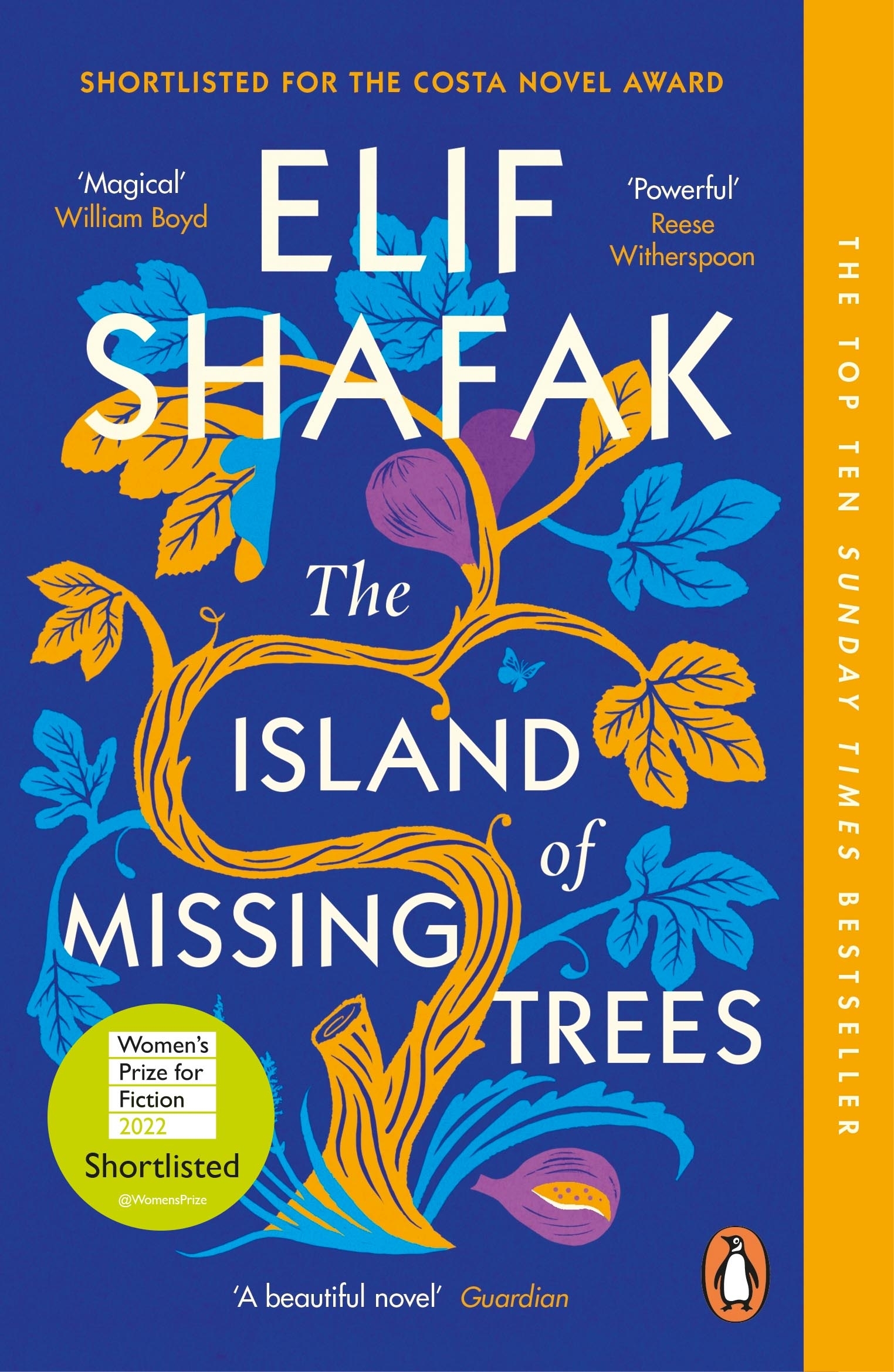 Book cover of The Island of Missing Trees by Elif Shafak. Blue background with colourful illustrated tree.